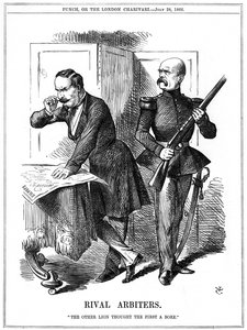 III. Napóleon (1808-1873), Franciaország császára 1852-1870 és Otto von Bismarck (1808-1783), Poroszország kancellárja, feldarabolta Európát. Ellentétes ambícióik az 1870-1871-es francia-porosz háborúhoz vezettek. John Tenniel rajzfilm a londoni Punchból,  alkotó: John Tenniel