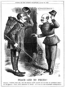 III. Napóleon, 1852-1870 francia császár, rongyszedőnek (Chiffonnier) öltözött, Otto von Bismarck porosz kancellár figyelmeztette. Napóleon területi ambíciói az 1870-71-es francia-porosz háborúhoz vezettek. John Tenniel rajzfilm a londoni Punchból, auguszt alkotó: John Tenniel