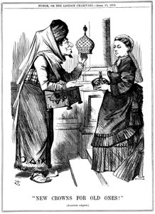 Új koronát a régieknek!, Benjamin Disraeli felajánlja India koronáját Viktória királynőnek, 1876 alkotó: John Tenniel