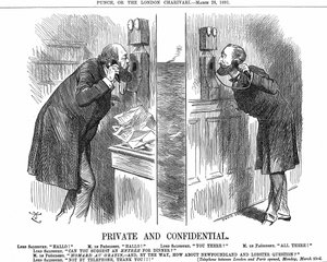 Az angol-francia telefonvonal megnyitása. A brit miniszterelnök (Lord Salisbury) a francia elnökkel (Sadi Carnot) beszélget. John Tenniel rajzfilm Punchból, London, 1891. március 28. Fametszet. alkotó: John Tenniel