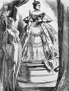 Viktória királynőt Britannia sürgette, hogy jöjjön vissza a világba hosszas gyásza után alkotó: John Tenniel