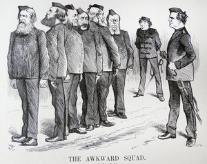 A KÉNYELMŰ OSZTAG. John Tenniel rajzfilm. Disraeli nehézségei az orosz-török háborúval kapcsolatos politikákról alkotott kabinetjének eltérő véleményével alkotó: John Tenniel