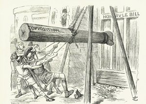 A támadás: Gladstone liberális otthoni törvényjavaslata, amelyet a konzervatív ellenzék támadott meg egy ütős kos Lord Salisbury vezető fejével. John Tenniel rajzfilm a londoni "Punch"-ból alkotó: John Tenniel