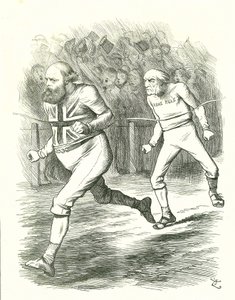 A végkifejlet: általános választás 1886. Gladstone (liberális) az írországi törvényjavaslat miatt az országba ment. Salisbury (konzervatív ellenzék) a célba verte Gladstone-t. John Tenniel rajzfilm a londoni Punchból alkotó: John Tenniel