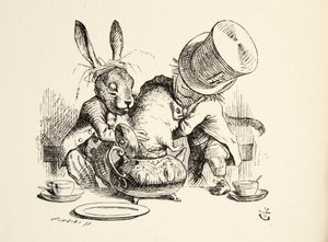 Az Őrült Kalapos és a márciusi nyúl, aki a teáskannába dugja a nyuszit, Lewis Carroll (1832 - 98) Alices kalandjai Csodaországban című művéből, kiad. 1891 alkotó: John Tenniel