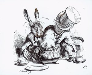 Az őrült kalapos és a mezei nyúl a teáskannába helyezi a hálómadarat, illusztráció az „Alice kalandjai csodaországban” című filmből, Lewis Carroll, 1865 alkotó: John Tenniel