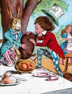 Az őrült kalapos és a márciusi nyúl megpróbálja a Dormouse-t egy teáskannába tenni, 1910 alkotó: John Tenniel