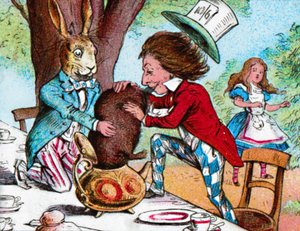 Az őrült kalapos és a márciusi nyúl megpróbálja a Dormouse-t egy teáskannába tenni, 1910 alkotó: John Tenniel