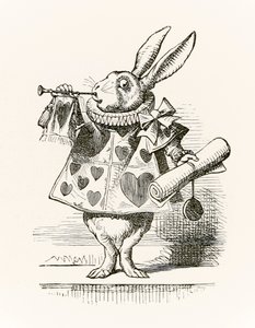 A vádat hirdető fehér nyúl trombitával és tekercssel Lewis Carroll „Alice Csodaországban” című művéből, amely először 1865-ben jelent meg