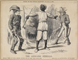 "Az igazi Othello". Lincoln és Davis elnök között egy fekete mezős kéz Othello karakterét ölti. Arra kéri a két versengő erőt, hogy burkolják be a fegyvereiket, és az I. felvonás 2. jelenetének két külön szakaszából levont sorokat mond [l alkotó: John Tenniel