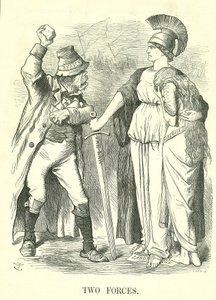 Két erő: Az Irish Land League betiltották. Britannia a Force of Law segítségével védi Hiberniát (Írország) az Anarchia Erőjével szemben. John Tenniel rajzfilm a londoni Punchból, 1881. október 29-én. alkotó: John Tenniel