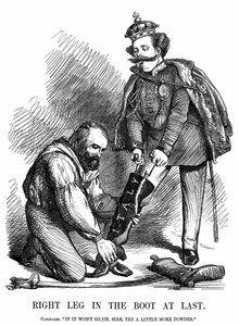 Olaszország egyesítése: Giuseppe Garibaldi (1807-1882) segített II. Viktor Emmanuelnek (1820-78) felvenni Olaszország csizmáját. John Tenniel rajzfilm a londoni Punchból alkotó: John Tenniel