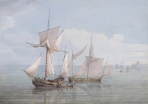 Hoy és Lugger egyéb szállítással a nyugodt tengeren (wc, toll és fekete tinta szőtt papíron)