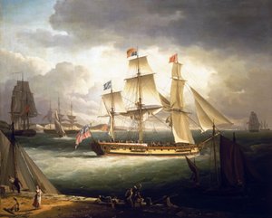 A "Royal Sovereign", egy királyi jacht, egy kikötő partjainál lehorgonyozva. alkotó: John Thomas Serres