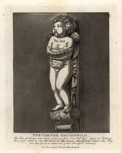 Egy fiú emlékműve a Smithfield állambeli Pye Corneren, az 1666-os londoni tűz emlékére a közeli Pudding Lane-en alkotó: John Thomas Smith