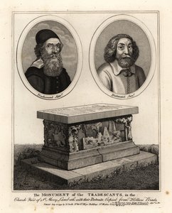 Idősebb és fiatalabb John Tradescant természettudósok és gyűjtők ovális portréi és síremlékük a St Mary Lambeth templomkertben alkotó: John Thomas Smith