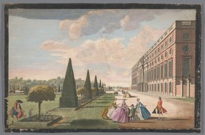 Kilátás a londoni Hampton Court palotára a keleti oldalról nézve Ferde perspektivikus nézet Hampton Court keleti frontjáról, a hosszú sétával és a kert egy részével (cím az objektumon)