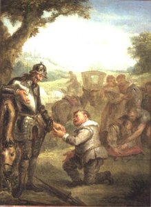 Don Quijote a bátor biscayaival vívott párbaj után Rosinante lovára támaszkodik, Sancho Panchez pedig Barataria szigetének kormányzói posztját kéri, jelenet Cervantes Don Quijotéjából (panel)
