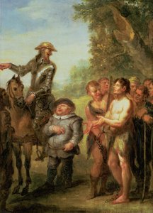 Don Quijote kiszabadítja a gályarabokat Cervantes Don Quijote elől (panel)