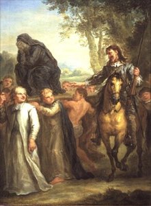 Don Quijote összetéveszti a körmenetben hordozott Szűz Mária szobrot, mint akarata ellenére elvitt nőt, Cervantes „Don Quijote”-járól (panel)