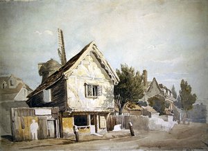 Egy utca régi házakkal, túl szélmalom (akvarell papíron) alkotó: John Varley