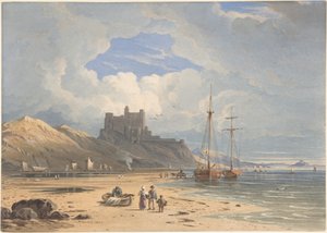 Bamborough vára északkelet felől, a távolban Holy Islanddel, Northumberland alkotó: John Varley