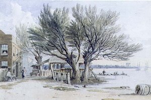 Épületek és pollared fák a Temze partján, Millbank (akvarell, ceruza, toll és tinta) alkotó: John Varley