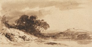 Folyói táj két figurával, a tóval és a távoli hegyekkel alkotó: John Varley