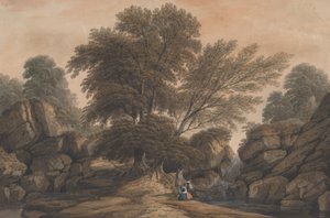 Alakok vízesés és medence mellett erdős tájon, 1812.