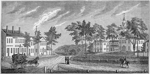 Greenfield központi része, a „Massachusetts Történelmi Gyűjteményéből”, John Warner Barber, metszett S. E. Brown, 1839