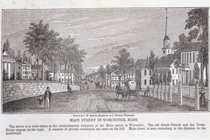 Worcester főutcája, a „Massachusetts Történelmi Gyűjteményéből”, John Warner Barber, metszett J. Downes, 1839