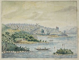 Hozzáadás. 13880, f.79 Egy brit gyarmat képe. Az előtérben bennszülöttek kenuban, a Minerva transzport fedélzetén tartott Journalból Írországból Új-Dél-Walesbe és Bengáliába, John Washington Price alkotó: John Washington Price