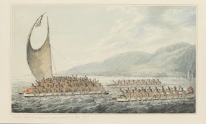 35: Tereoboo, Owyhee királya, ajándékokat hoz Cook kapitánynak Cook kapitány utolsó, 1773-84 körüli utazását illusztráló akvarellekből (akvarell papíron) alkotó: John Webber