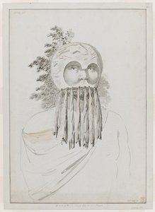 A man of the Sandwich Islands in a Mask. A man of the Sandwich Islands in a Mask consisting of a bowl headdress with cut-outs for eyes. alkotó: John Webber