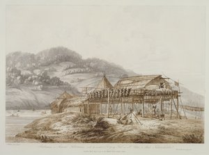 Balagans or Summer Habitations, a módszer a szárítás St. Peter and Paul, Kamtschatka, a "Kilátások a déli tengeren", pub. 1792
