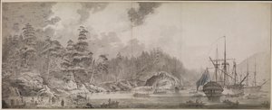 "Resolution" és "Discovery" a Ship Cove-ban, Nootka Soundban alkotó: John Webber