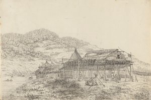 Balagans avagy nyári lakóhelyek a halszárítás módszerével, St. Peter and Paul, Kamtschatka alkotó: John Webber