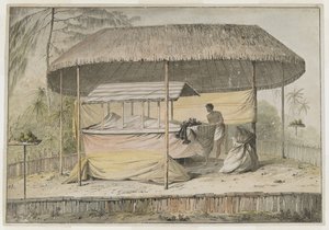 Waheiadooa, Oheitepeha főnöke, fekve fekszik, Cook kapitány 1777. augusztus 19-i tahiti látogatása során rögzítette. Egy temetési színpad támogatja a burkolt holttestet és egy kísérőt. Gyeptetős napellenző védi őket, és alacsony p alkotó: John Webber
