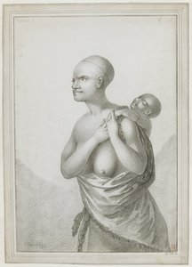 [Teljes rajz] Egy tasmán nő, aki egy gyermeket cipel a hátán, a bal válláról a dereka körül egy bőrt hord. 1777. január alkotó: John Webber