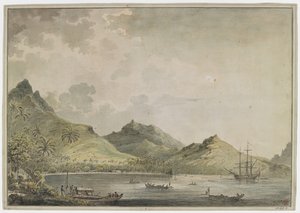 [Whole drawing]. A view of the harbour of Huahine [Fare Harbour]. with peaked mountains, including Mount Turi, in the background. In the bay is the 