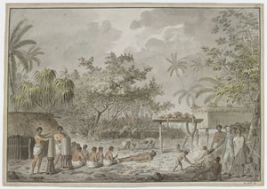 [Teljes rajz] Emberáldozat a Tahiti állambeli Attahouroo [Utuaimahurau] nagy morájánál, Cook kapitány szemtanúja volt 1777. szeptember 1-jén. Egy megkötözött alak az előtérben, mögötte férfiak ásnak lyukat a test számára, a mittában pedig két kutya van és  alkotó: John Webber