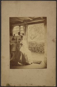 [Hosszú csíkos ruhás nő ül a szobában] alkotó: John Whistler
