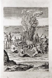 Indiánok imádkoznak a tűz körül, metszet Hariot "A Briefe and True Report of...Virginia" című művéből, 1590, vésette Theodor de Bry (1528-98)