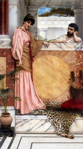 "Pár az ókorban, egy nemesi villában (római), a férfi mintha a nő válaszára várna. John William Godward (1861-1922) festménye 1889 Magántulajdonban lévő gyűjtemény. alkotó: John William Godward