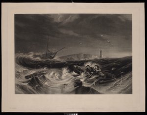 Darling és lánya, Grace, a Forfarshire roncsához. A Longstone világítótorony őrzője a Farne-szigeteken (metszet) alkotó: John Wilson (after) Carmichael