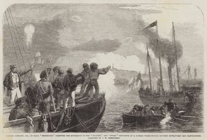 Hewlett kapitány, CB, a HMS Edinburgh fedélzetéről, a Snapper és a Stork ágyúnaszádok mozgását irányítja egy orosz háromfedélzetű hajóra Gustafsvern és Bartholomew között. alkotó: John Wilson Carmichael