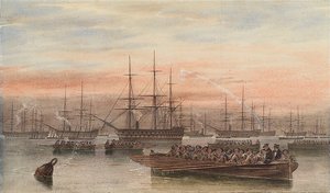 A balti flotta éjszaka, előtérben a hajóhordozókkal alkotó: John Wilson Carmichael