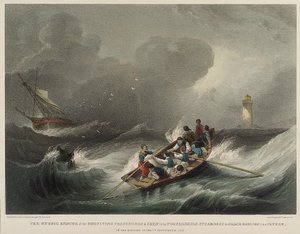 A Forfarshire gőzhajó utasainak és legénységének hősies megmentése Grace Darling és apja által szeptember 7-én reggel. alkotó: John Wilson Carmichael