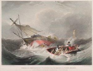 A Forfarshire gőzhajó elsüllyedése a Farne-szigetek (Anglia) szikláin, ahogyan az szeptember 7-én napkeltekor látszott. alkotó: John Wilson Carmichael