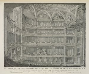 A londoni Drury Lane Late Theatre Royal belseje, Henry Holland építése, 1794, tűz pusztította el 1809-ben, metszet Dale, 1820 alkotó: John Winston